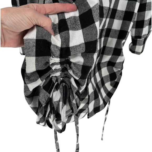Black White Buffalo Check Plaid Womens Tunic Top XL Ruched Sides Cozy Cabincore - Picture 4 of 9